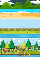 Conjunto de fondo de diferentes escenas horizontales con personaje de dibujos animados de niños doodle vector