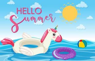 Hello Summer font with unicorn swimming ring floating in the sea banner vector