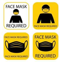 Mask required. Facemask required while on the premises. The covering must be worn in shops or public spaces. Prevention logo template sticker for shop. Put on a protective mask. Vector