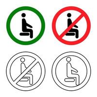 Distancing sitting. Sit here, please. Do not sit here. Forbidden icon for seat. Prohibition sign. Lockdown rule. Keep your distance when you are sitting. Man on the chair. Vector