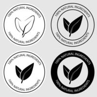 100 percent natural round icons. Set of round stamps with leaves inside for product with natural ingredients. Healthy foods badges. Plant circle label. Vector illustration