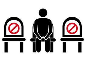 Do not sit here. Keep social distance to prevent infection with the coronavirus. Distancing sitting. Keep your distance when you are sitting. Man on the chair. Glyph icon. Vector