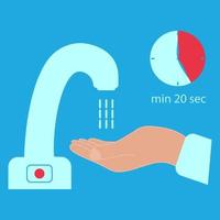 Wash your hands during 20 seconds minimum with soap under running water. Hand washing under touch less faucet with timer. Wash your hands, icon. Everyday hygiene essentials. Vector