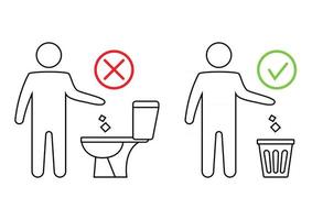 Do not litter in the toilet. Toilet no trash. Keeping the clean. Please do not flush paper towels, sanitary products, icons. Forbidden icon. Throwing garbage in a bin. Public Information vector