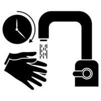 Washing hands with timer under running water. Hand washing under touch less faucet. Wash your hands, icon. Black silhouette, prevention icon. Everyday hygiene essentials. Vector