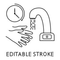 Wash your hands during 30 seconds minimum under running water. Hand washing under touch less faucet with timer. Wash your hands, icon. Editable stroke. Everyday hygiene essentials. Vector