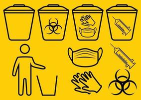 Medical mask utilization. The man throws the medical trash. Biohazard waste disposal. Biohazard infectious waste. Trash can with Biohazard medical gloves and mask symbol. Covid waste. Vector