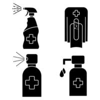 Conjunto de iconos de contenedor de desinfectante de manos. gel de alcohol de lavado. Limpiador de manos sin agua. lavarse las manos. Dispensador de jabón automático sin contacto. desinfectante. Dispensador de jabón sin contacto. vector