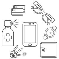 Disinfection of phone, wallet, keys, credit card, sunglasses and hand watches. Sanitizing personal mobile, wallet and keys used disinfectant. Smartphone disinfection. Outline icons set vector