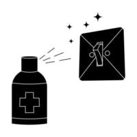 Light switches disinfection black glyph icon. Surface cleaning, room sanitation. Disinfection of interrupter from bacteria. Light switch and antibacterial disinfectant spray. Disinfectant vector