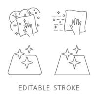 Sanitizing surfaces. Cleaning surface or disinfection surface. Easy disinfection of objects or premises. Blue color icons. Sanitation and hygiene sign. Napkin with soap bubbles. Editable stroke vector