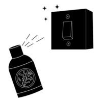 Light switches disinfection black glyph icon. Surface cleaning, room sanitation. Disinfection of interrupter from bacteria. Light switch and antibacterial disinfectant spray. Antiseptic vector
