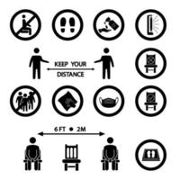 Keep your distance. Social distancing rules. Forbidden icon for seat. Distancing sitting. Sanitizing mat, UV lamp, wet cleaning, wash your hands, mask required, avoid crowded, stand here icons vector