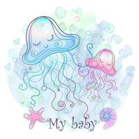 Cute jellyfish sleeping sweetly. Vector illustration. Watercolor.