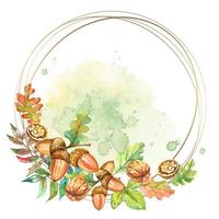 Round gold frame with walnuts and acorns. Watercolor. Vector