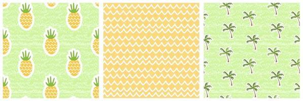 Set of Summer nature seamless patterns. Vector illustration of pineapples, palm trees, yellow waves. Shabby, aged effect