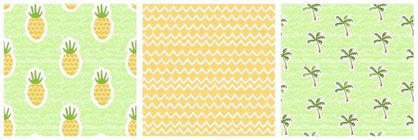 Set of Summer nature seamless patterns. Vector illustration of pineapples, palm trees, yellow waves. Shabby, aged effect