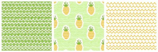 Set of three Summer nature seamless patterns. Vector illustration of waves, sand, pineapples. Shabby, aged effect