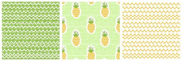 Set of three Summer nature seamless patterns. Vector illustration of waves, sand, pineapples. Shabby, aged effect