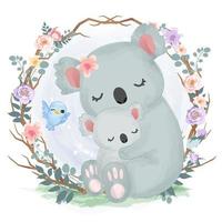 Cute mom and baby koala in watercolor illustration