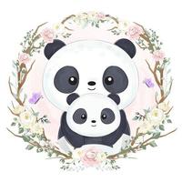 Cute mom and baby panda in watercolor illustration vector