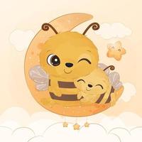 Cute mom and baby bee in watercolor illustration vector