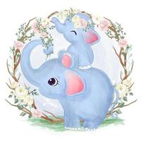 Cute mom and baby elephant in watercolor illustration vector