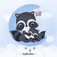 Cute mom and baby raccoon in watercolor illustration