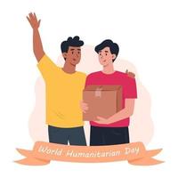 día mundial humanitario, hombres voluntarios con caja de cartón. vector