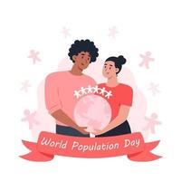 World Population Day, woman and man holding planet earth in their hands vector