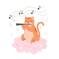 el gato toca la flauta y se sienta en una nube. Ilustración de animal bebé para guardería. vector