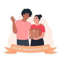 World humanitarian day, volunteers man and woman holding a cardboard box vector