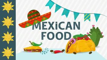 Ilustración de comida mexicana para el título de letras de diseño plano con sombrero en sombrero y tortillas de taco con relleno de pimiento rojo y verde vector