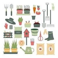 Set of Gardening Equipment and Plants Flat Vector Icons