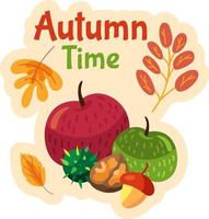 Autumn time label with fresh fruits and vegetables vector