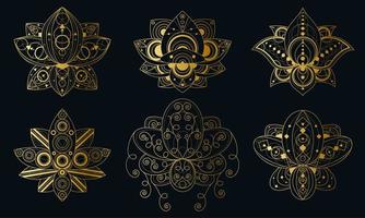 Lotus flower with geometric ornament linear illustrations set vector