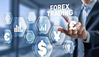 Man in a jacket clicks on a virtual screen inscription Forex Trading