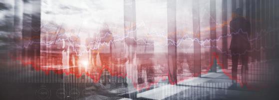 Finance Banking and Investment concept. Double exporsure stacked of coins and city with graph photo