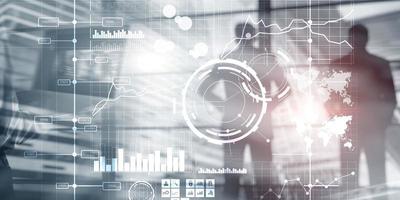 Illustration, 3D. Display interface intelligence dashboard and charts. Financial key performance indicators. photo