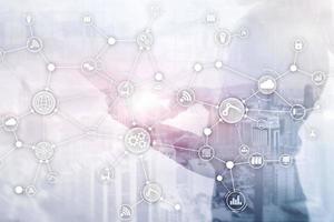 IOT smart indusry concept mixed media diagram. Technology industrial business process workflow organisation structure on virtual screen. photo