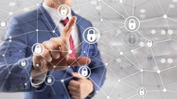 Cyber security, information privacy, data protection concept on modern server room background. Internet and digital technology concept. photo