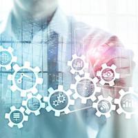Automation technology and smart industry concept on blurred abstract background. Gears and icons. photo