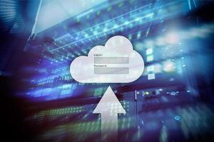 Cloud storage, data access, login and password request window on server room background. Internet and technology concept. photo