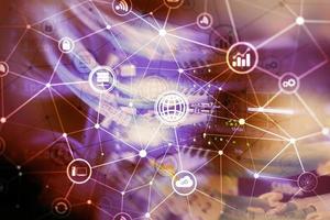 ICT - information and telecommunication technology and IOT - internet of things concepts. Diagrams with icons on server room backgrounds photo