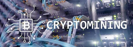 Cryptocurrency mining concept on server room background. photo