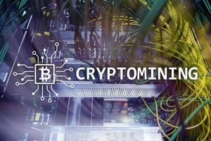 Cryptocurrency mining concept on server room background photo