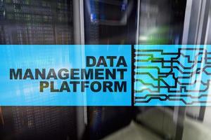 Data management and analysis platform concept on server room background. photo