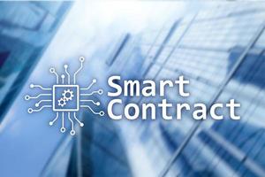 Smart contract, blockchain technology in business, finance hi-tech concept. Skyscrapers background. photo