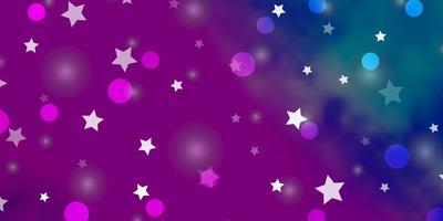 Light Pink, Blue vector background with circles, stars. Glitter abstract illustration with colorful drops, stars. Pattern for design of fabric, wallpapers.