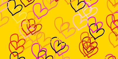 plantilla de vector rojo, amarillo claro con corazones de doodle.